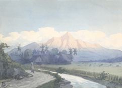 JA Linus, watercolour, view of a river before a group of houses with sun-lit mountain.