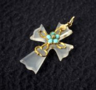 A Victorian gold, chalcedony and turquoise cross pendant.