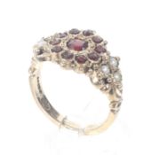 A vintage 9ct rose gold, garnet and half-pearl ring in Victorian style.