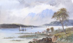 A watercolour depicting cattle and a cottage before a boat-strewn waterway in the mountains.