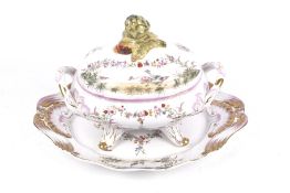 A large porcelain tureen and serving dish. Decorated and gilt with birds and flowers, mark to base.