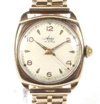 Avia, a gentleman's 9ct gold cushion-shaped bracelet watch, circa 1953.