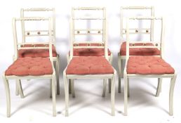 A set of six Regency style sabre leg mahogany French Grey painted dining chairs.