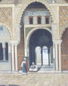 Institute of Fine Art, oil on canvas. An Islamic temple and seated figures, bears label verso, 49.
