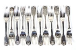 A matched set of twelve William IV and later silver fiddle, thread and shell dessert forks.