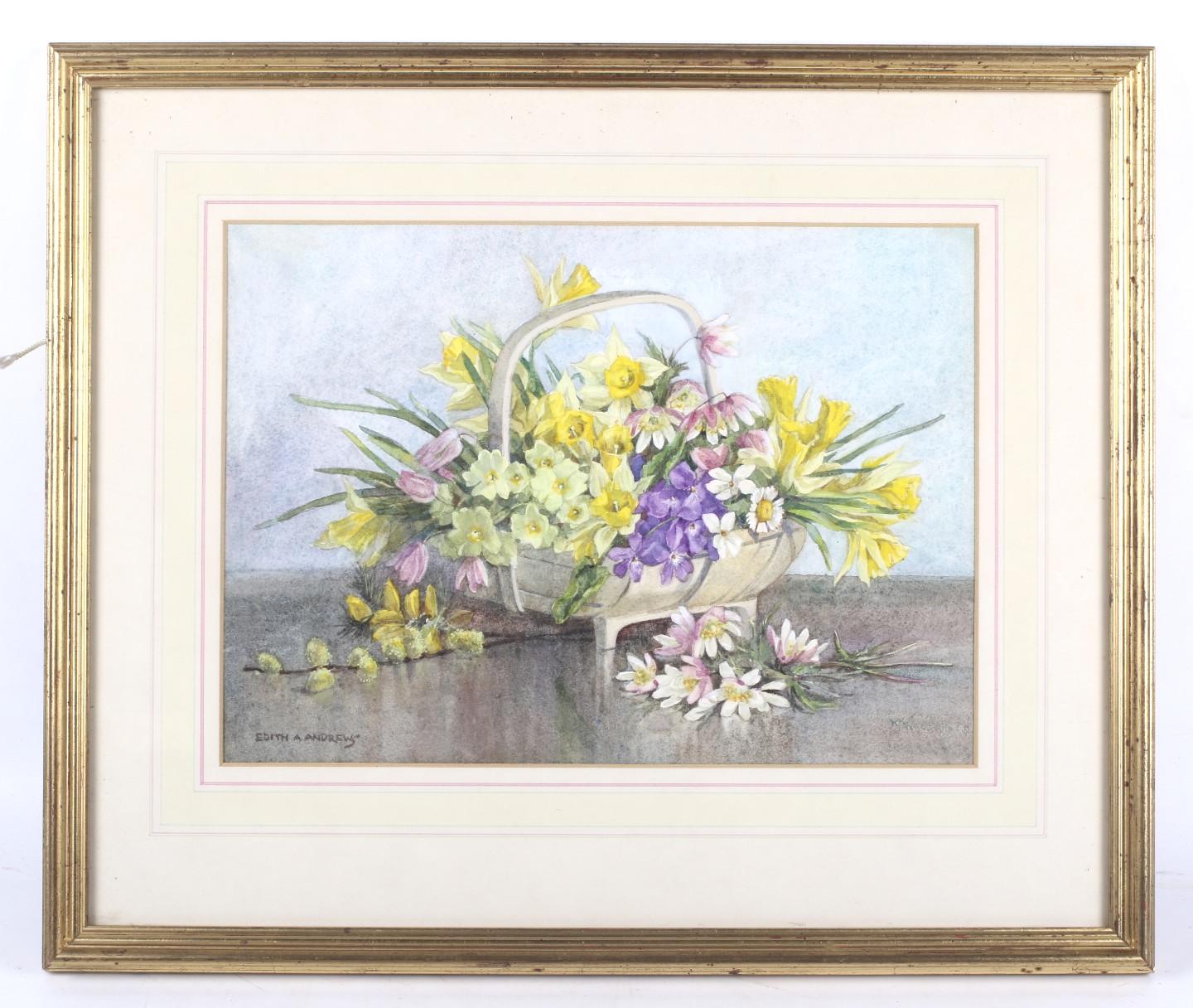 Edith Alice Andrews (exh. 1900-1940), watercolour on paper. 'A spring basketful', 25cm x 35cm. - Image 2 of 3