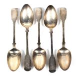 A set of six Victorian silver fiddle pattern table spoons.