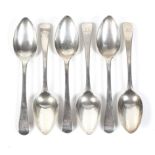 A set of six George III old English pattern dessert spoons, each engraved with script initials,