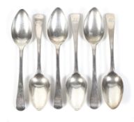 A set of six George III old English pattern dessert spoons, each engraved with script initials,