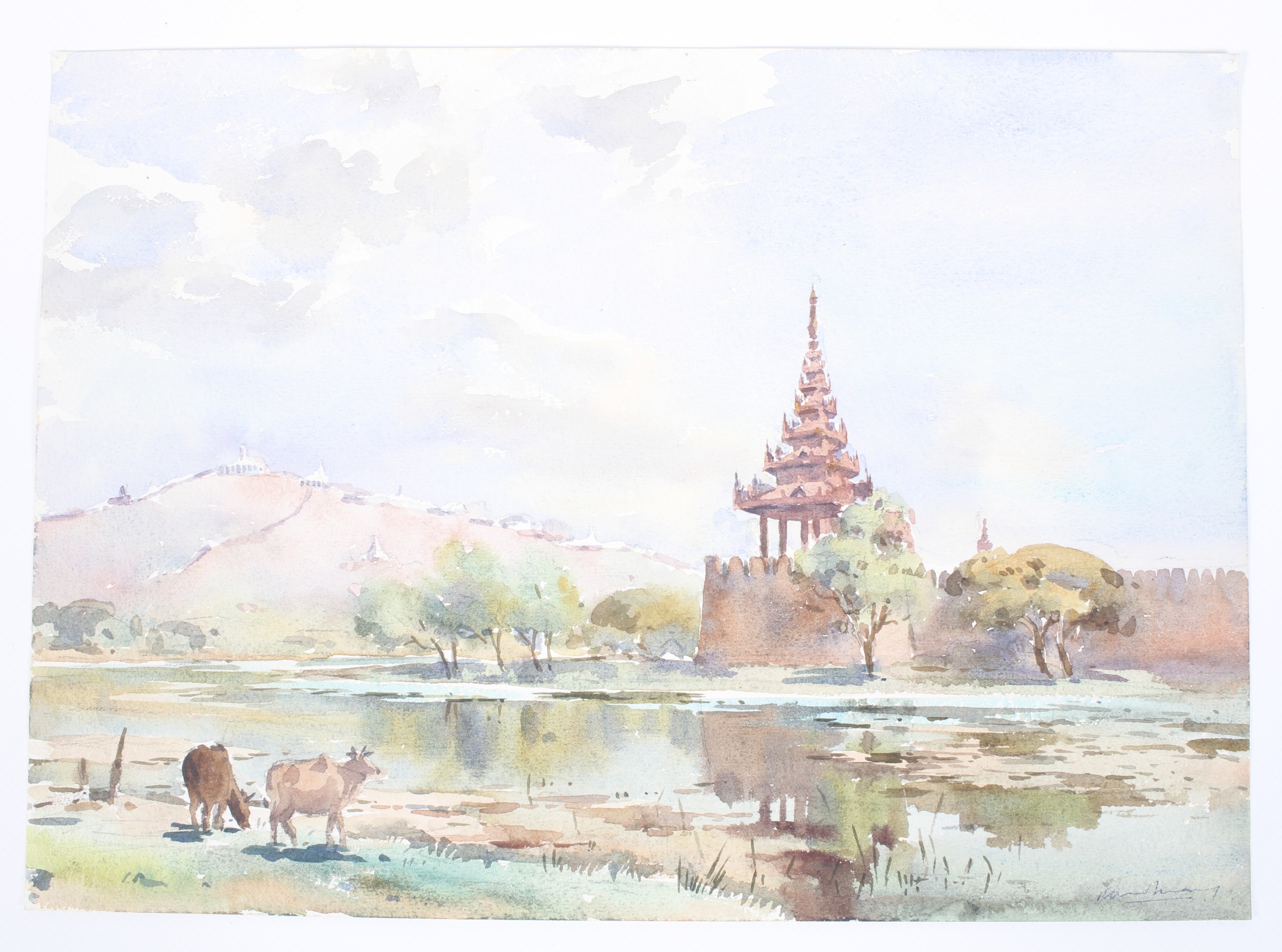 Khin Maung XX , Burmese, watercolour. A river landscape with pagoda etc., signed lower right, 25. - Image 2 of 4