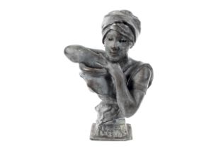 Emmanuel Villanis, Rebecca Au Puits, a spelter sculpture of a bust of a woman on a square socle.