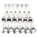 Two sets of six silver old English pattern dessert forks and spoons.