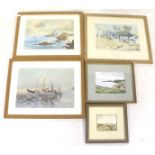 Five contemporary pictures, mostly coastal theme. Including a Peter Squire watercolour, 11cm x 8.