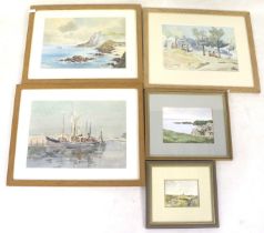 Five contemporary pictures, mostly coastal theme. Including a Peter Squire watercolour, 11cm x 8.