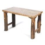 A rustic solid hardwood table.