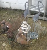 A collection of assorted metal garden ornaments and a lantern. Max.