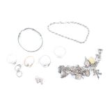 Small collection of silver and white metal jewellery including a charm bracelet