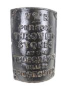 A Victorian cast metal telegraph sign. Marked 'VR Persons Throwing Stones...'. 19.5cm x 12.