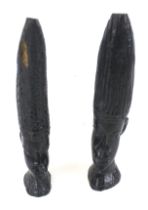 Two African hardwood carvings of heads. Both wearing traditional headpieces, H24.