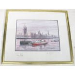A contemporary print depicting the houses of parliament, the border signed by Tony Blair,