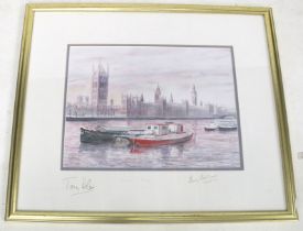 A contemporary print depicting the houses of parliament, the border signed by Tony Blair,