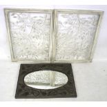A framed wall mirror and a pair of metalwork panels. The panels featuring floral decoration. Max.