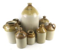 Eight saltglazed stoneware jars and flagons.