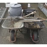 Two wheelbarrows and a collection of assorted garden tools, etc.