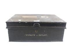A vintage enamel metal deeds box with a Chubb lock.