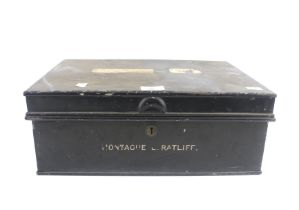 A vintage enamel metal deeds box with a Chubb lock.