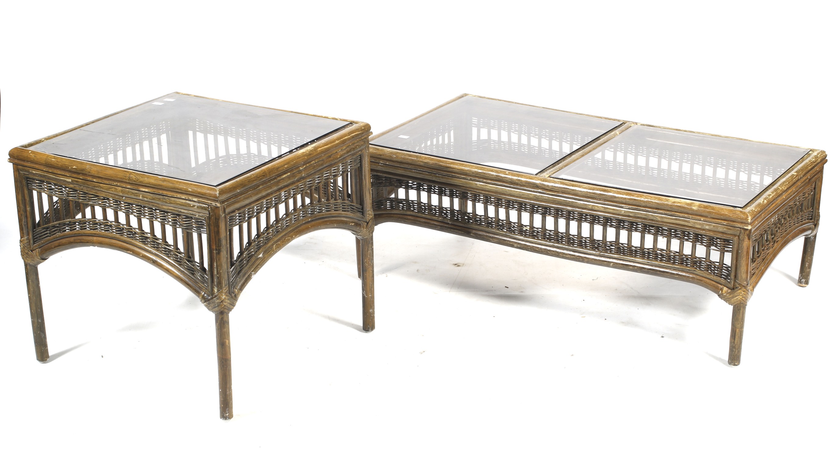 Two bamboo and glass top tables. Comprising a coffee table and a smaller example, Max.