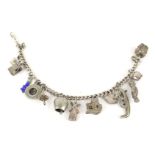 A silver curb link 'charm' bracelet. Hung with 14 various charms.