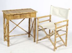 A bamboo desk and a folding chair set.