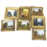 Seven contemporary oils on boards. Including a winter landscape signed 'J. Perry', 18.5cm x 23.