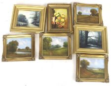 Seven contemporary oils on boards. Including a winter landscape signed 'J. Perry', 18.5cm x 23.