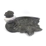Art Noveau style pewter inkwell stand signed 'De Launay'. With original glass bottle.