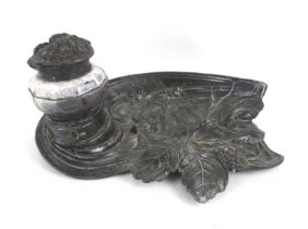 Art Noveau style pewter inkwell stand signed 'De Launay'. With original glass bottle.