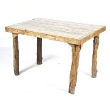 A rustic hardwood dining table.