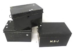 Three vintage tin storage boxes. Painted black with twin handles, Max.