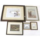 Five prints and paintings featuring birds. Including two Peter Squire watercolours of puffins, 8.