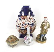 Two signed Japanese vases, an Imari pot and a Japanese figure.