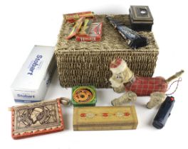 A collection of assorted vintage toys. Including a battery operated walk along dog, etc.