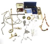 A collection of costume jewellery to include a marcasite peacock brooch.
