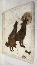 A sheepskin bedspread with howling wolves decoration.