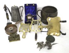 A collection of metalwares. Including an 18th century brass dovetail pot, etc. Max.