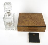 A hallmarked silver collar necked cut glass whisky decanter and a cigar humidifier. Max.
