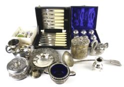 An assortment of silver plate and metalware. Including two lidded pots, a swan moneybox, etc. Max.