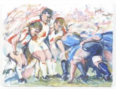 Jenifer Shearn, 20th century, oil on canvas painting of a rugby match, Bath v Bristol.