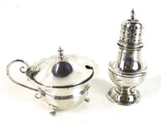 Two silver cruets, comprising a round mustard pot.