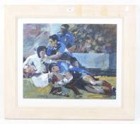 Jenifer Shearn, 20th century, oil on panel painting of a rugby match, Bath V Swansea.